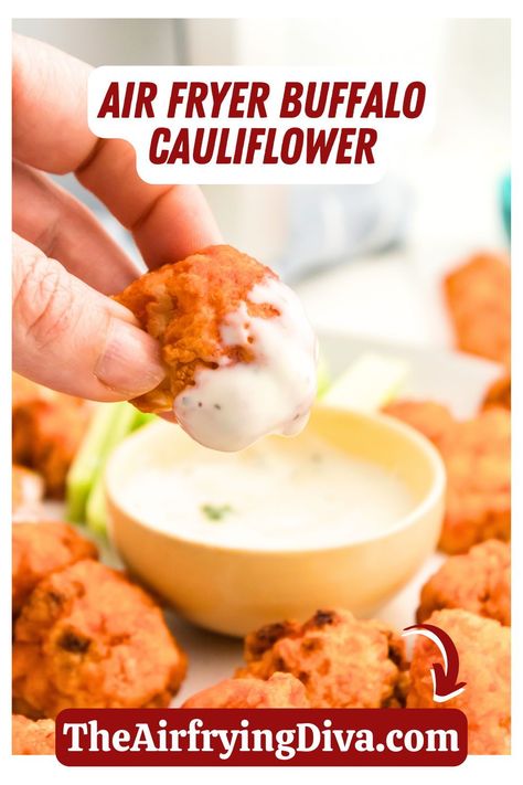 **Air Fryer Buffalo Cauliflower, a simple and delicious spicy and crispy appetizer recipe made with just five ingredients. #airfry #airfryrecipes #buffalo #cauliflower #easyappetizer #airfriedcauliflower Read more at: https://theairfryingdiva.com/air-fryer-buffalo-cauliflower/ Buffalo Cauliflower Air Fryer, Cauliflower Air Fryer, Air Fryer Buffalo Cauliflower, Buffalo Cauliflower Recipes, Fried Pasta, Most Pinned Recipes, Cauliflower Bread, Pasta Chips, Veggie Fries