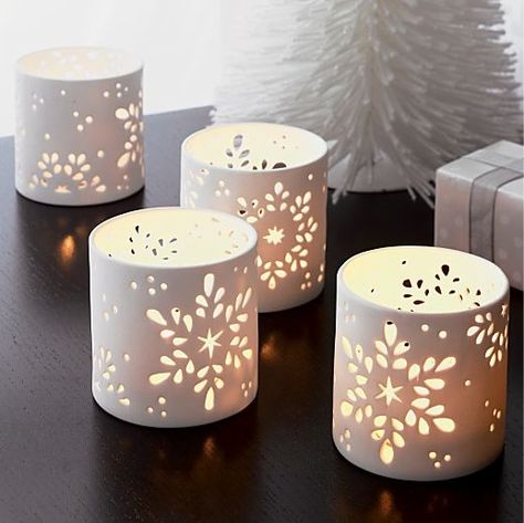 Snowflake Hurricane Candle Holder | crate & barrel - christmas - snowflake hurricane candleholder Ceramic Candle Holders Lanterns, Tea Lights Ideas, Clay Lanterns, Ceramic Tea Light Holders, Candle Holders Decor Ideas, T Light Holders, Snowflake Candle, Snowflake Candle Holders, Clay Candle Holders