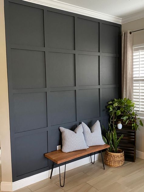 Feature Accent Wall, Black Accent Wall Paneling, Black Vertical Accent Wall, Black Shiplap Accent Wall Living Room, Master Black Accent Wall, Black Matte Accent Wall, Black Walls White Wainscoting, Best Black For Accent Wall, Black Shiplap Wall Office