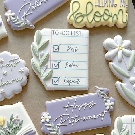 Nicole Phelps on Instagram: "Retirement cookies for a literacy specialist 📖📝🌼 . . . . . . . . . . . . . . . . . . . . . #sandiegocookies #cookiesofinstagram #cookies #sandiegobakersclub #sandiego #retirementcookies #designedwithcanva #cookiedecorating #bakersofig #sweet #cookieart #food #floralcookies #partyideas #partyplanner #canva #cookie #cookiedecorating #foodnetwork #bookcookies #customcookies #cute #love #delicious #literacy #bakersspotlight #literacyspecialist #photooftheday #sugarcookies" Get Well Soon Cookies Decorated, Retirement Cookies Decorated For Woman, Retirement Decorated Cookies, Get Well Cookies Decorated, Retirement Party Cookies, Retirement Cookies Ideas, Retirement Cookies Decorated, Retirement Travel Theme, Retirement Sugar Cookies