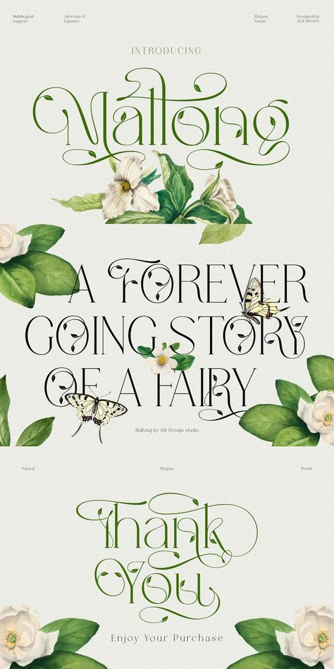 Mallong Typeface - Elegance and Naturalness Font Whimsical Alphabet Letters, Cottagecore Typography, Fairytale Typography, Font Layout Design, Plant Lettering, Galaxy Moodboard, Nature Fonts, Botanical Font, Floral Fonts