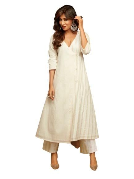 Model height is 5.6ft and wearing XS size. Cotton Lurex flare angrakha kurta with drawstring details. Paired with elasticated waist pant. Style with pair of mules and jewelery to complete the look. The product have lining. Dry clean only. Actual product color may vary from the product image shown. Traditional Suit, Heavy Dresses, Dress Design Patterns, Waist Pants, Co Ord, Anarkali, Party Wear, Designer Dresses, Short Dresses