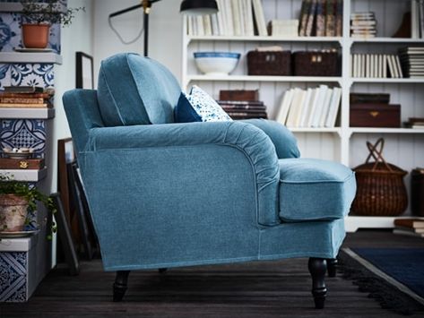 The specific color of a STOCKSUND armchair can be mirrored by other objects and details in the room, amplifying the effect. Teal Armchair, Ikea Stocksund, Ikea Armchair, Snug Room, Teal Sofa, Ikea Living Room, Slip Covers Couch, Dressing Tables, Arm Chairs Living Room