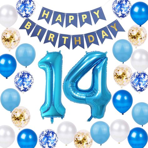 PRICES MAY VARY. Package included: 1 * Blue gold 'HAPPY BIRTHDAY' Letter Banner, 1* Jumbo number foil balloons, 25 latex party balloons in 5 colors(5* blue, 5* deep blue, 5* white, 5* blue, 5* blue confetti,5*gold confetti ), 1* 10m ribbon. Total 29packs in one package. Happy 14th birthday party supplies are ideal for hello 14 birthday party boy girls, 14th birthday balloon party, cheers to 14 years birthday party, 14 & fabulous party boy girls, etc, it will offer you an unforgettable experience Happy 14th Birthday Boy, Ceiling Garden, Happy 14th Birthday, Blue Confetti, Birthday Letter, Letter Banner, Party Boy, Happy Birthday Lettering, Balloon Party