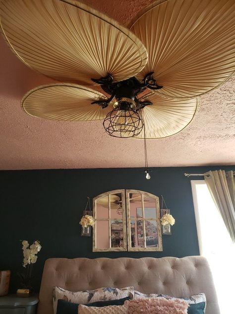 ceiling fan makeover diy ideas bedroom Diy Fan Chandelier, Ceiling Fan Diy Makeover, Renter Friendly Ceiling Fan Makeover, Flower Ceiling Fan, Ceiling Fan Makeover Diy Ideas, Ceiling Fan Aesthetic, Diy Light Fixtures Ceiling, Diy Ceiling Fan Makeover, Diy Ideas Bedroom