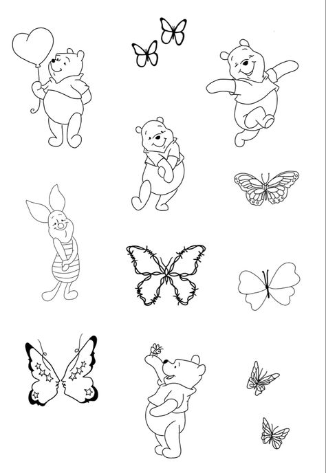 Small Character Tattoos, Tiny Winnie The Pooh Tattoo, Cute Cartoon Tattoo Ideas, Small Winnie The Pooh Tattoo Simple, Fine Line Cartoon Tattoo, Winnie The Pooh Flash Tattoo, Disney Tiny Tattoos, Winnie The Pooh Characters Tattoo, Tattoo Flash Feminina