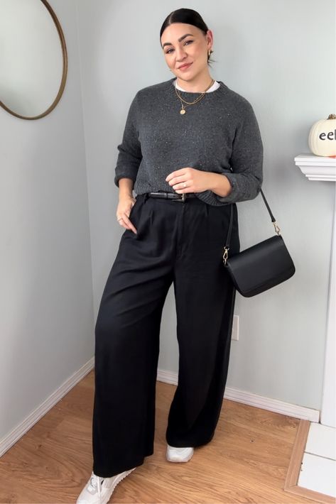 Dark Monochrome Outfit, Midsize Wide Leg Jeans, Wide Leg Pants Outfit Casual Sneakers, Office Outfits Midsize Women, Office Outfits Plus Size Women, Mid Size Fashion Winter, Curvy Office Outfit, Midsize Fall Outfits 2024, Black Dress Pants Outfit