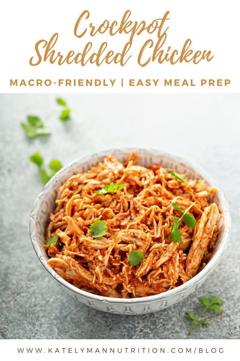 Shredded Chicken Buddha Bowl, Macro Chicken Crockpot Recipes, Macro Friendly Baking Recipes, Macro Crockpot Chicken, Macro Friendly Chicken Tacos, Macro Friendly Meal Prep Crockpot, Macro Friendly Chicken Crockpot Recipes, Macro Friendly Shredded Chicken Recipes, Crockpot Recipes Macro Friendly