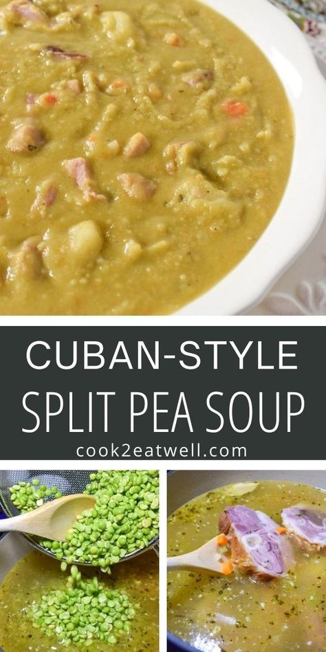 This Cuban style split pea soup is called sopa de chicharos, potaje de chicharos, or simply chicharos in Spanish. It’s a thick soup that’s loaded with split peas, vegetables and smoked pork. It makes a hearty, nutritious and affordable meal. Cuban Chicharo Recipe, Cubano Sandwiches, Thick Soup, Cuban Dishes, Flight Outfit, Pea And Ham Soup, Split Peas, Cuban Cuisine, Cuban Style