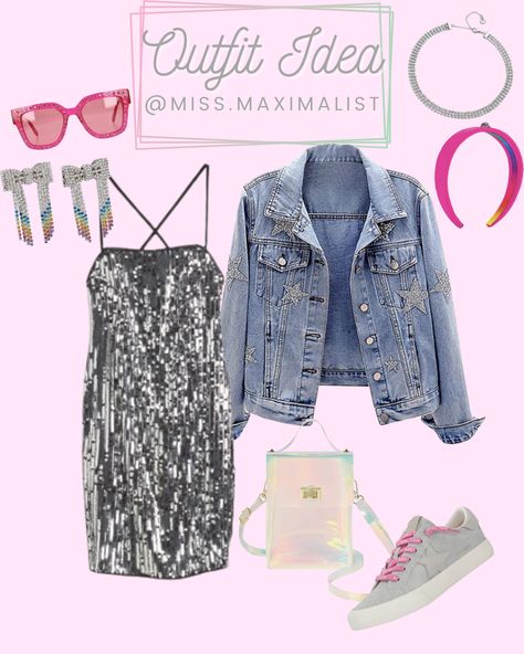 Taylor Swift Concert Outfit with Sequin Dress, Embellished Denim Jacket, and Golden Goose Dupe Sneakers Sequin Dress With Sneakers, Taylor Swift Concert Outfit, Eras Outfit, Outfit Concert, Swift Concert, Embellished Denim Jacket, Shirt Dress Outfit, Jean Jacket Outfits, Denim Jacket With Dress