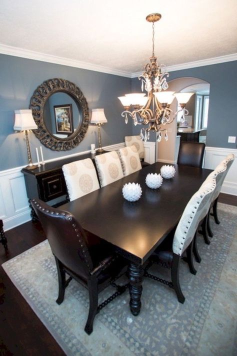 Blue Dining Room Walls, Blue Dining Room, Dark Brown Table, Room Ideas Dark, Dining Wall Decor, Mess Hall, Cabinets Makeover, Dining Room Paint Colors, Navy Walls