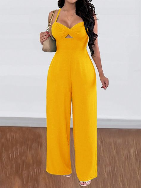 Yellow Casual Collar Sleeveless Woven Fabric Plain Tube Embellished Non-Stretch  Women Clothing Elegant Jumpsuit, Jumpsuit Elegant, Twist Knot, Twist Front, Wide Leg Jumpsuit, Kids Beachwear, Tube Top, Jumpsuits For Women, Women Clothes Sale