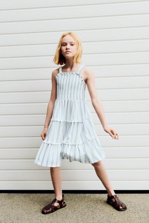 TEXTURED PRINTED DRESS - striped | ZARA Ireland Zara Kids Dress, Dresses Occasion, Swimwear Suits, Linen Jackets, Zara Kids, Dresses For Girls, Printed Dress, Blazer Dress, Swimwear Accessories