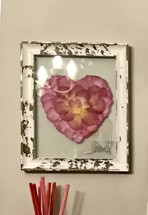 Made for my neice with rose petals from her mom’s funeral. Be still and know that I am God...Psalms 46:10 Dried Petals Crafts, Rose Petal Picture Frame, Preserving Flower Petals, Rose Petal Art Ideas, Pressed Flower Petals, Diy Flower Petals Crafts, Diy With Rose Petals, Pressed Rose Petals Art, Crafts With Flower Petals