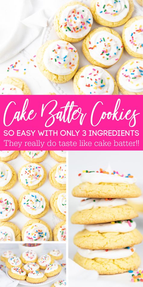 Cake Batter Cookies Easy, Cake Batter Cookies Recipe, 3 Ingredient Cake, 3 Ingredient Cakes, Cake Mix Cookie, Cake Mix Cookie Bars, Cake Box Cookies, Cake Batter Cookies, Soft Cookie Recipe