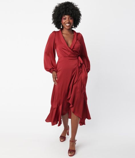 Simply divine, darlings! This sensational wrap dress is crafted in a deep burgundy woven fabric. The sultry wrap design is cinched with attached ties and creating a surplice neckline that is framed by the billowing long sleeve silhouette complete with elastic cuffs. The seamed high waist cascades into a sweeping midi length silhouette accented with a ruffled hem!Available in sizes S-L while supplies last. Burgundy Weave, Wine Wrap, Pretty Lace Dresses, Sleeve Silhouette, Ruffle Wrap Dress, Midi Wrap Dress, Winter Formal, Surplice Neckline, Deep Burgundy