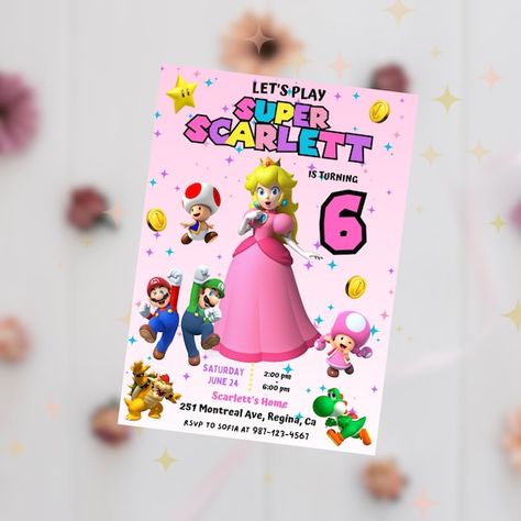 Princess Peach Birthday Invitation Super Mario Princess Invitation Princess Peach Video Invitation Princess Peach Invite - Etsy Princess Peach Birthday Party Invitation, Princes Peach Birthday Theme, Princess Peach Birthday Invitations, Princess Peach Invitations, Peach Birthday Invitation, Princess Birthday Invite, Princess Peach Birthday, Princess Peach Party, Peach Birthday