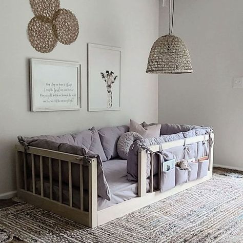 Floor Bed With Rails, Montessori Floor Bed, Toddler Floor Bed, Montessori Bed, Baby Room Inspiration, Toddler Rooms, Baby Room Design, Floor Bed, Toddler Bedrooms