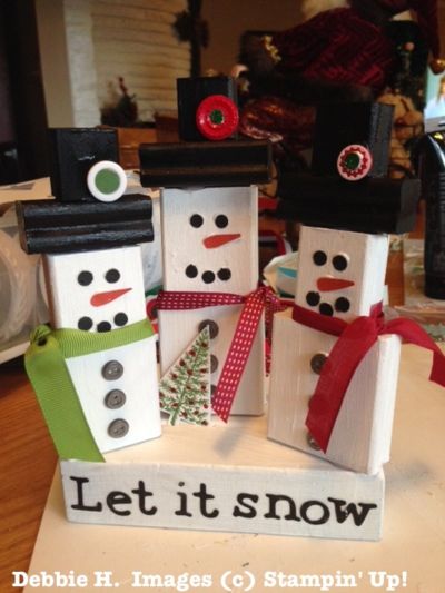 Debbies-stampin-up-wood-block-snowmen Repurpose Stampin Up Wood Blocks, January Decor, 2x4 Crafts, Crafts With Pictures, Snowman Crafts, Primitive Christmas, Winter Fun, Noel Christmas, Wooden Crafts