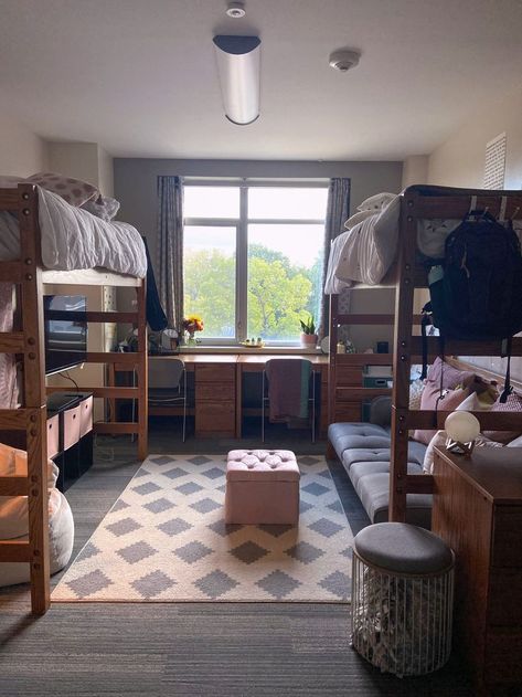 lofted bed w/ futon & TV area College Dorm Room Ideas With Lofted Beds, College Dorm Room Ideas 2 Beds, Dorm Room Designs Loft Bed, College Dorm Setup Layout, Dorm Room Ideas For Lofted Beds, Dorm Lofted Bed Layout, Dorm Room Futon Under Bed, Spacious Dorm Room, Under Bunk Bed Ideas Dorm Room