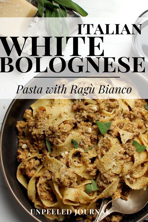 Ragù Bianco (White Bolognese Sauce) Pappardelle With White Bolognese, Authentic Pasta Recipes Italy, Traditional Pasta Dishes, Authentic Pasta Dishes, Creamy Pappardelle Recipes, Sauce For Pappardelle, Pappardelle Recipes Vegetarian, Authentic Italian Pasta Dishes, Chicken Ragu Recipes