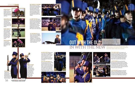 Band Yearbook Page, Senior Marching Band Poster Ideas, Band Section Leader Ideas, Marching Band Scrapbook Ideas, Club Spreads Yearbook, Band Yearbook Spread, High School Marching Band Aesthetic, Yearbook Design Layout, Ppt Ideas