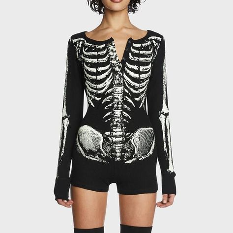 Goth Dark Skull Bone Print Anime Long Sleeve Skinny Playsuits Mall Gothic Button Up Rompers Women Techwear, Glow In The Dark Skeleton, Dark Skeleton, Black Dolls, Skeleton Print, Romper Black, Costume Store, Print Bodysuit, Grunge Style