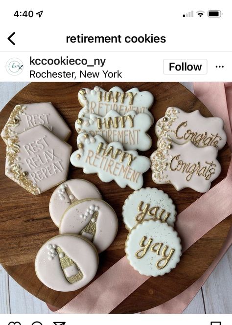 Cookies For Retirement Party, Grand Opening Cookies Decorated, Retirement Party Cookie Ideas, Retirement Royal Icing Cookies, Retirement Cookies Decorated For Woman, Retirement Party Cookies, Retirement Cookies Decorated, Retirement Sugar Cookies, Pastor Retirement