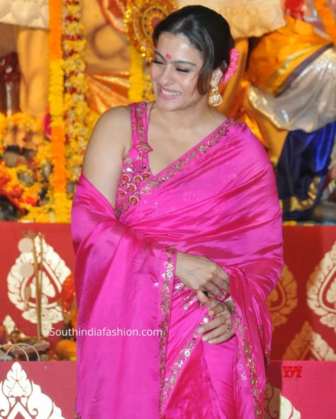 Kajol in a pink saree at Durga Puja Celebrations! – South India Fashion Rani Pink Saree, Kajol Saree, Punit Balana, Rani Pink, Bun Hairstyle, Durga Puja, Traditional Attire, Beautiful Women Over 40, Indian Actress Hot Pics