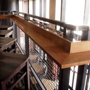 Bar top Drink Rail Design, Cabin Backyard, Drink Rail, Brewery Decor, Cabin Porches, Loft Railing, Brewery Bar, Country Bar, Custom Railing