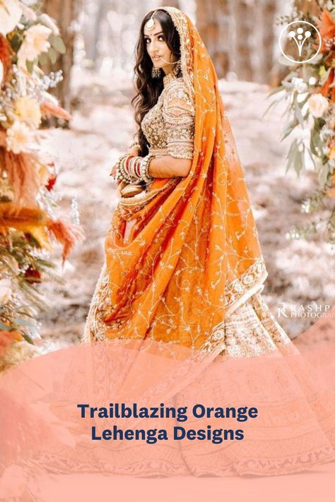 Brides no longer like to put themselves in a box when it comes to sartorial choices. Choose a fiery orange lehenga for your bridal look and set yourself apart! Orange Bridal Lehenga, Multicolour Lehenga, Lehenga Images, Peach Lehenga, Orange Lehenga, Bridal Lehenga Red, Orange Outfit, Lehenga Skirt, Pink Lehenga