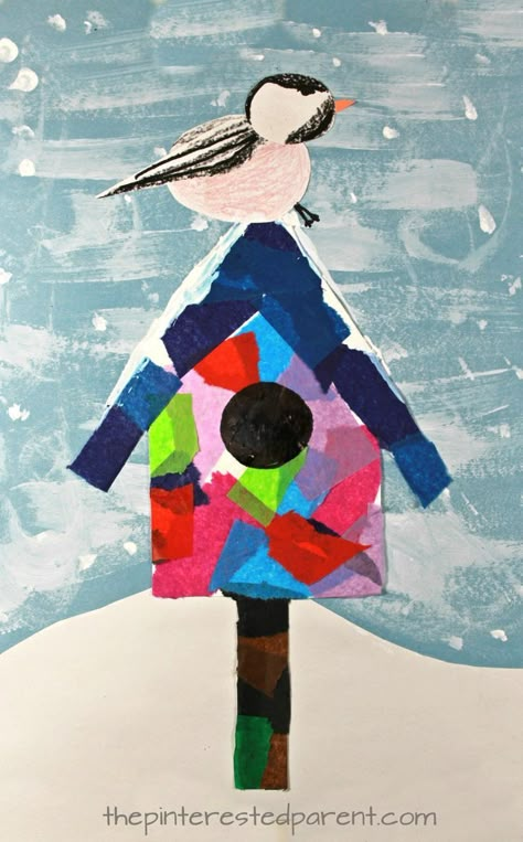 Mixed media art birdhouse with chickadee or a cardinal - Use tissue paper, acrylics, watercolors, crayons, markers or construction paper to build this pretty winter / Christmas scene. Kid's and preschooler's arts and crafts Winter Birdhouse, Winter Art Ideas, January Art, Classe D'art, Winter Art Lesson, Winter Christmas Scenes, January Crafts, Winter Art Projects, Classroom Art