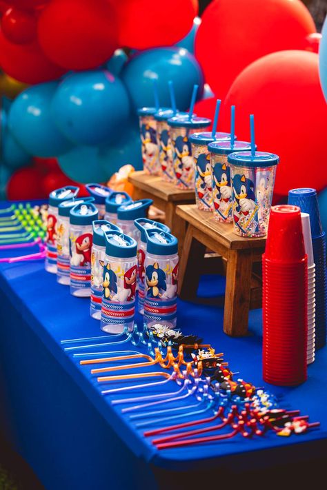 Sonic Party Bag Ideas, Sonic The Hedgehog Goodie Bags, Sonic Treat Table, Sonic Ideas Birthday Parties, Sonic Pool Party Ideas, Sonic Birthday Party Favors, Sonic The Hedgehog Pool Party, Sonic The Hedgehog Birthday Party Favors, Sonic The Hedgehog Party Ideas