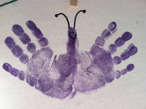 Handprint butterflies Hand Print Butterfly Craft, B Is For Butterfly Handprint, Butterfly Handprints Preschool, Butterfly Hand Print Craft, Hand Butterfly Craft, Butterfly Infant Crafts, Butterfly Hand Craft, Handprint Butterflies Preschool, Butterflies Crafts For Toddlers