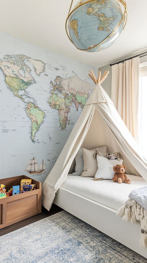 Embark on adventures in this Sagittarius-inspired kid's room! 🌍✨ Explore a world map mural, sleep under the stars with a cozy tent bed, and light up curiosity with globe fixtures. 🏕️ Organize travel treasures with stylish, wanderlust-filled toy storage. 🌟 perfect for your little explorer! World Map Bedroom, Explorer Bedroom, Travel Themed Bedroom, Cozy Tent, Map Mural, Adventure Room, World Map Mural, Travel Bedroom, Sleep Under The Stars