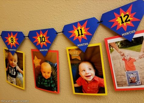 Birthday Superman, Superhero First Birthday, Birthday Picture Banner, Avengers Birthday Party Decorations, 1st Birthday Boy Themes, Superman Birthday Party, Monthly Photo Banner, Superman Birthday, Month Photos