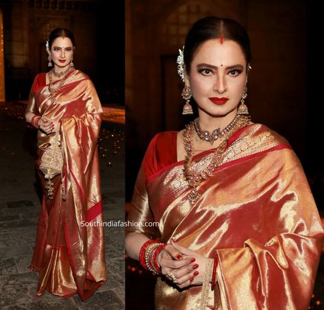 Red Kanjeevaram Saree Bride, Red Tissue Saree, Rekha Saree Collection, Rekha Actress Saree, Rekha In Kanjeevaram Sarees, Bridal Kanjeevaram Saree, Gajra Bun, Rekha Saree, Rekha Ji