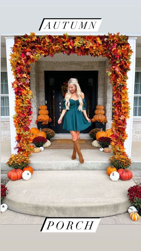 Step-by-Step of our Halloween porch! 👻 I’ll break it down into 2 sections: Pumpkin Arch & Spooky Trees! Pumpkin Arch: 1. We use a PVC… | Instagram Fall Front Porch Decor Arch, Leaf Arch Porch, Leaf Arch Front Porch, Fall Leaf Arch Front Door, Fall Leaf Wedding Arch, Fall Arches For Porch, Fall Arch Decor Home, Fall Leaf Garland Front Door, Leaf Garland Front Porch