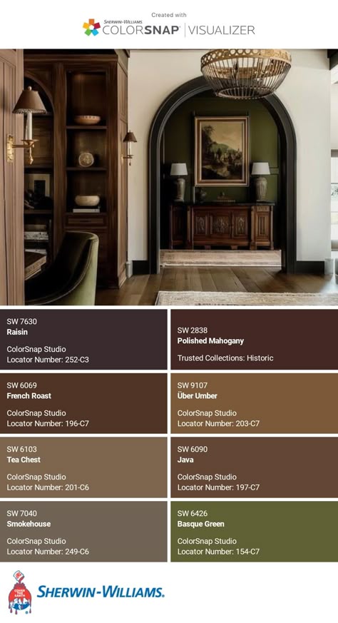 I just created this color palette with the Sherwin-Williams ColorSnap® Visualizer app on my Android phone. What do you think? You can learn more about ColorSnap Visualizer and get it on your phone free by visiting https://www.sherwin-williams.com/content/colorsnap.html. Ralph Lauren Home Paint Color Schemes, Sherwin Williams Moody Palette, Sherwin Williams Dark Academia Colors, Bitter Chocolate Sherwin Williams, Vintage Leather Sherwin Williams, Colorsnap Visualizer Sherwin Williams, Sherwin Williams Dark Auburn, French Roast Sherwin Williams, Old World Paint Colors