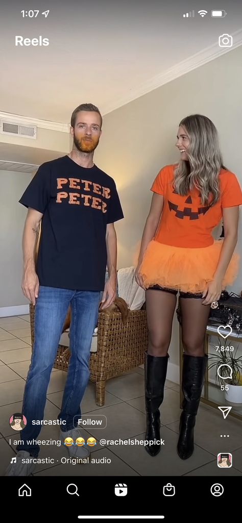 Cheap Costume Ideas For Couples, Pumpkin Eater Couple Costume, Peter Peter Pumpkin Eater Costume Couple, Cheap Diy Couples Halloween Costumes, Womens Pumpkin Costume, Cheap Couples Costumes, Cheap Couples Halloween Costumes, Couple Festival Outfits, Peter Pumpkin Eater