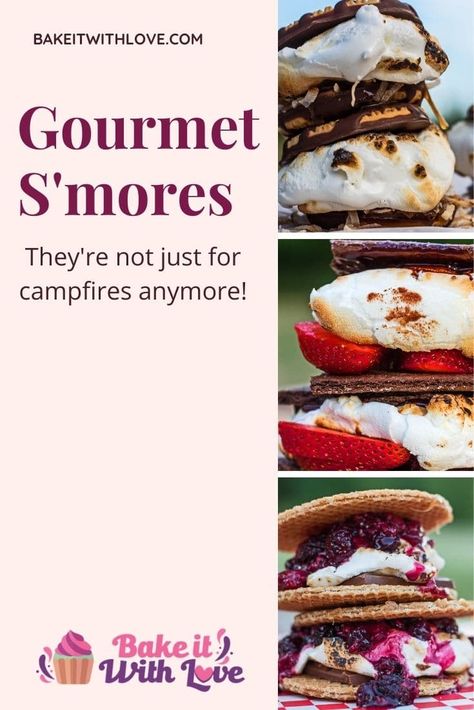 Trio of tasty gourmet s'mores featured in tall vertical images to the right of the text area. Fire Pit Dessert Ideas, Creative Smores Ideas, Gourmet Smores Ideas, Unique Smores Ideas, Fire Pit Desserts, Fancy Smores, Smores Variations, Gourmet Smores, Smores Board