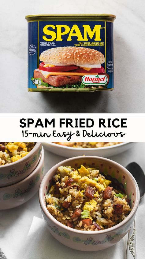 Spam fried rice in bowl with can of of Spam Spam Rice Balls, Asian Dinner Ideas, Spam Fried Rice, Asian Ingredients, Spam Musubi, Asian Dinner, Asian Dinners, Pantry Ingredients, Asian Food Recipes