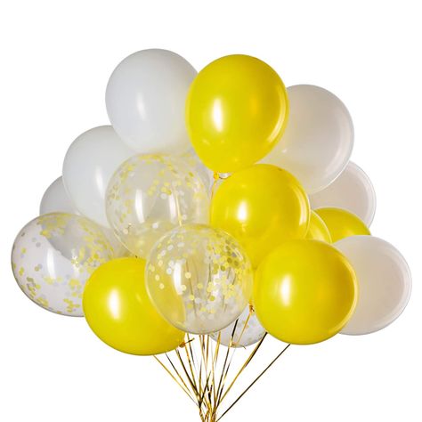 Balloon Party Decorations, Confetti Balloons Birthday, Yellow Confetti, Arch Balloon, Yellow Birthday, White Confetti, Yellow Balloons, Up Balloons, Balloon Stands