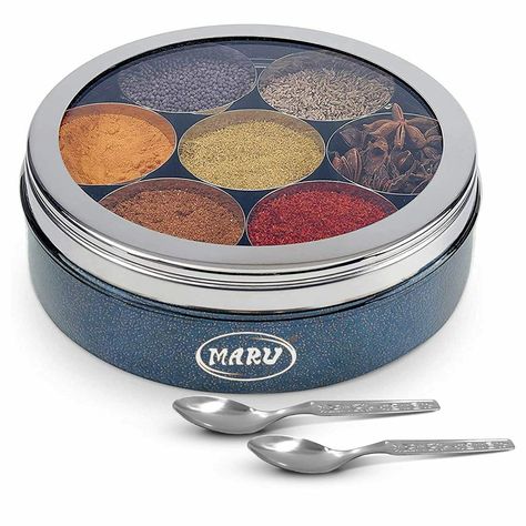 Blue Round Stainless Steel Spice Box Masala Dabba with Spoon 7 Containers This product data sheet is originally written in English. Off White Round Stainless Steel Spice Box Masala Dabba with Spoon 7 Containers  Item Dimensions LxWxH21 x 21 x 8 Centimeters Capacity2 litres Size 12: The Measurement of the Steel masala box : 8 cms Height, 21 cms Diameter; Small inner containers: Diameter - 5cm, Height - 7cms 100% Food Safe, Durable colored Stainless Steel body of the masala box steel for kitchen. Kitchen Steel, Masala Dabba, Ash Ash, Kitchenware Products, Spice Storage, Spice Containers, Spice Box, Coriander Powder, Stainless Steal