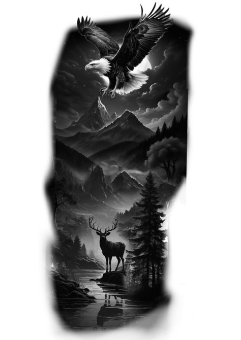 Deer Tattoo Men, Deer Hunting Tattoos, Forest Tattoo Sleeve, Unique Animal Tattoos, Wilderness Tattoo, Elk Tattoo, Infinity Tattoo With Feather, Deer Tattoo Designs, Tattoo Studio Design