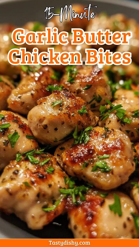 15-Minute Garlic Butter Chicken Bites: Quick & Easy One-Pan Dinner - Delicious Recipes - Easy Cooking Ideas and Tasty Dishes 15 Minute Garlic Butter Chicken, Quick Easy Meals Chicken, Easy Chicken Recipes For One, Popular Chicken Recipes Dinners, Chicken Garlic Bites, Garlic Butter Parmesan Chicken Bites With Mushrooms, Supper Ideas For Diabetics, Chopped Chicken Recipes Dinners, Garlic Butter Chicken Tenderloin Recipes