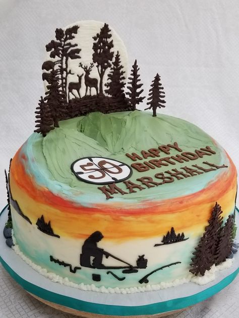 Hunting, fishing and ice fishing 50th birthday cake Fishing Theme Cake, Fisherman Cake, Fish Cake Birthday, Fishing Cake Topper, Hunting Cake, Hunting Birthday, Fishing Birthday Party, 50th Birthday Cake, Fishing Birthday