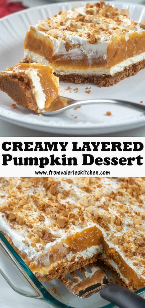 Easy Pumpkin Desserts For A Crowd, Fall Dessert Ideas Easy, Ginger Snap Crust, Layered Pumpkin Dessert, Cream Cheese Desserts, Make Ahead Desserts, Layered Desserts, Fall Foods, Pumpkin Cream Cheeses