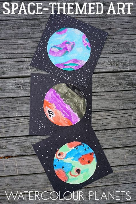 Space Crafts Preschool Art Ideas, Planet Art Preschool, Watercolor Space Art, Solar System Art For Kids, Space Themed Art Projects, Solar System Art Projects For Kids, Preschool Space Art, Space Theme Crafts, Space Kids Crafts