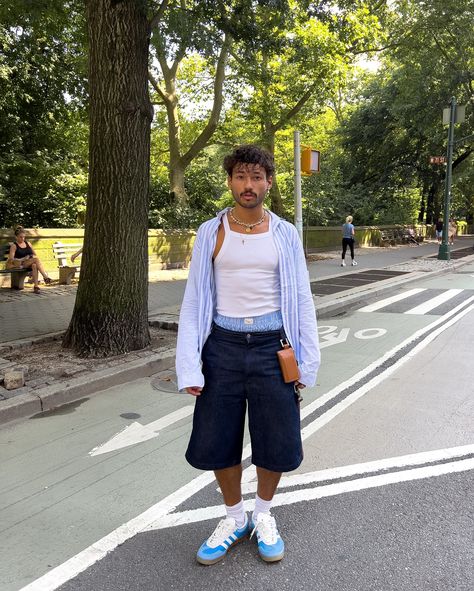 blues clues ——— summer outfit, blue, tank top, mirror selfie, nyc style, jorts outfit, men’s styling, boxers outfit Tank Top Summer Outfits Men, Men Boxers Outfit, Tank Top Mirror Selfie, Jorts Outfits Men, Men Tank Top Outfit, Jorts Mens Outfits, Boxers Outfit, Boxer Outfit, Jorts Men